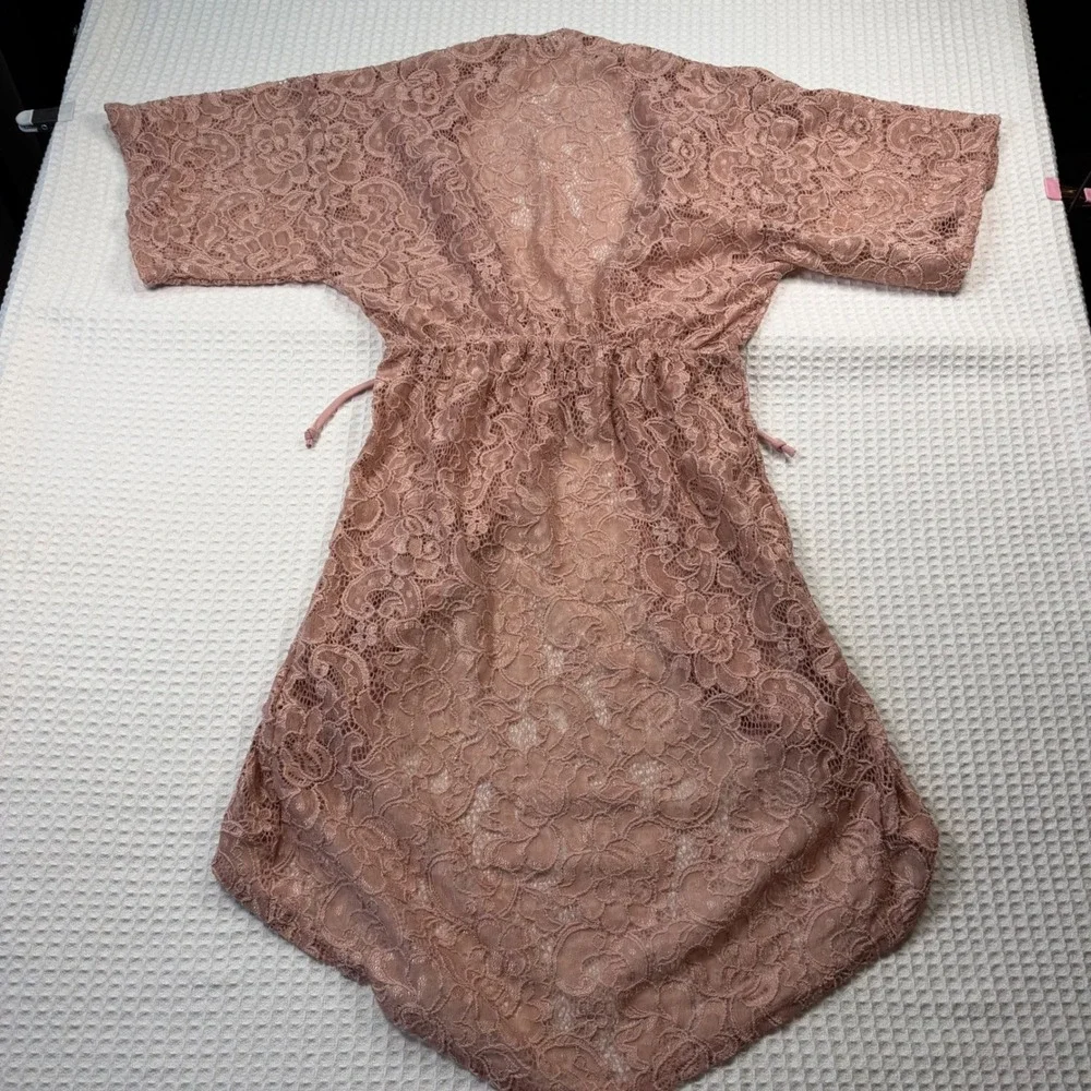 Charlotte Russe Pink Floral Lace Kimono Cardigan Sheer Tie Waist‎ High Low Small